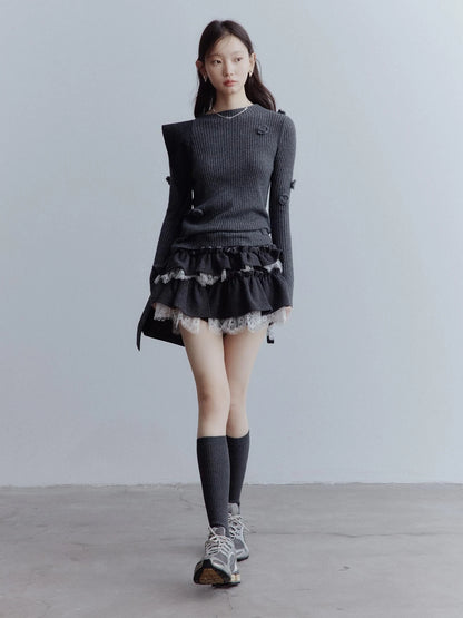 Hand Knitted Wool Floral Embellished Ribbed Sweater