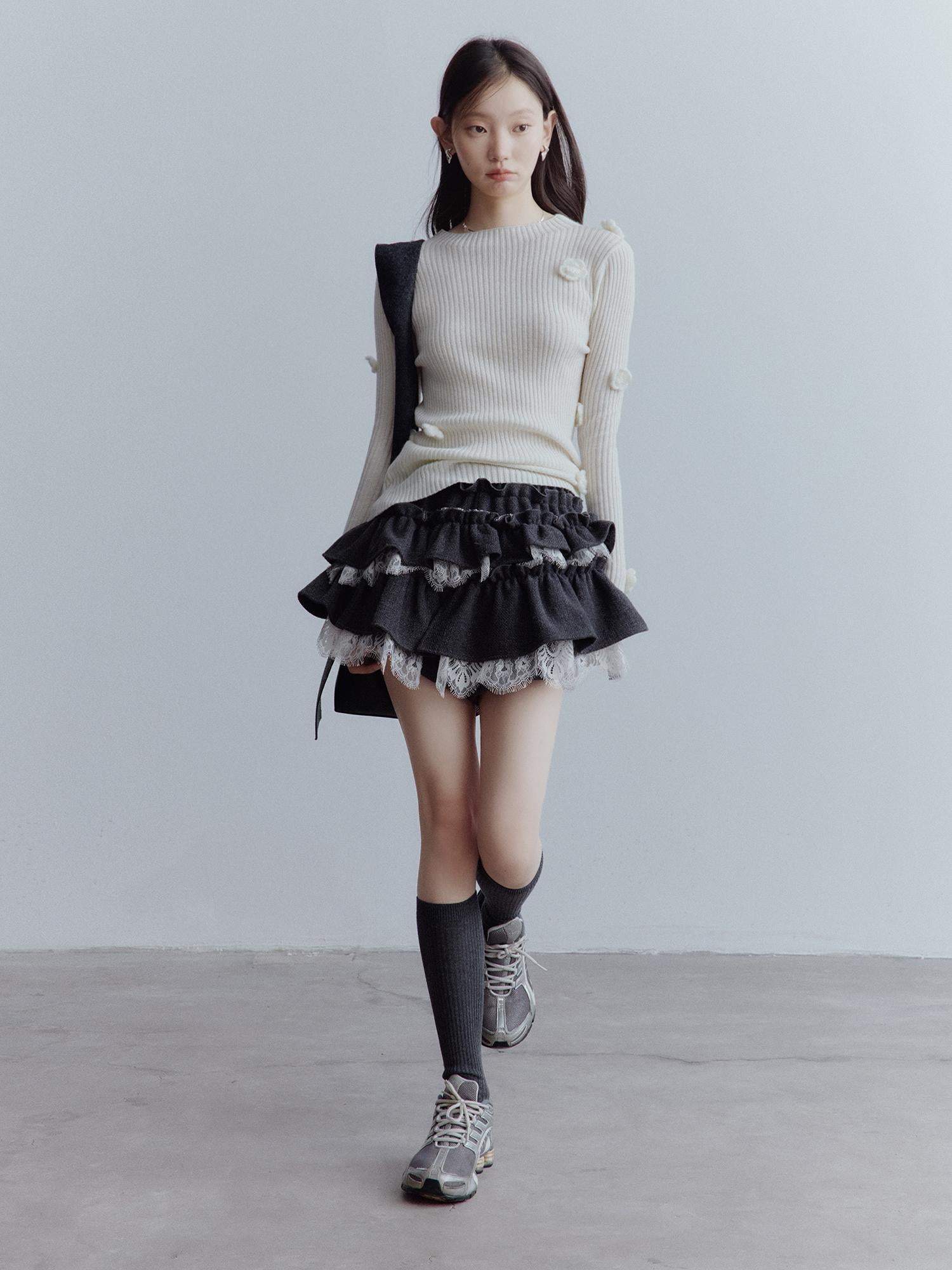 FUSSED Hand Knitted Wool Floral Embellished Ribbed Sweater