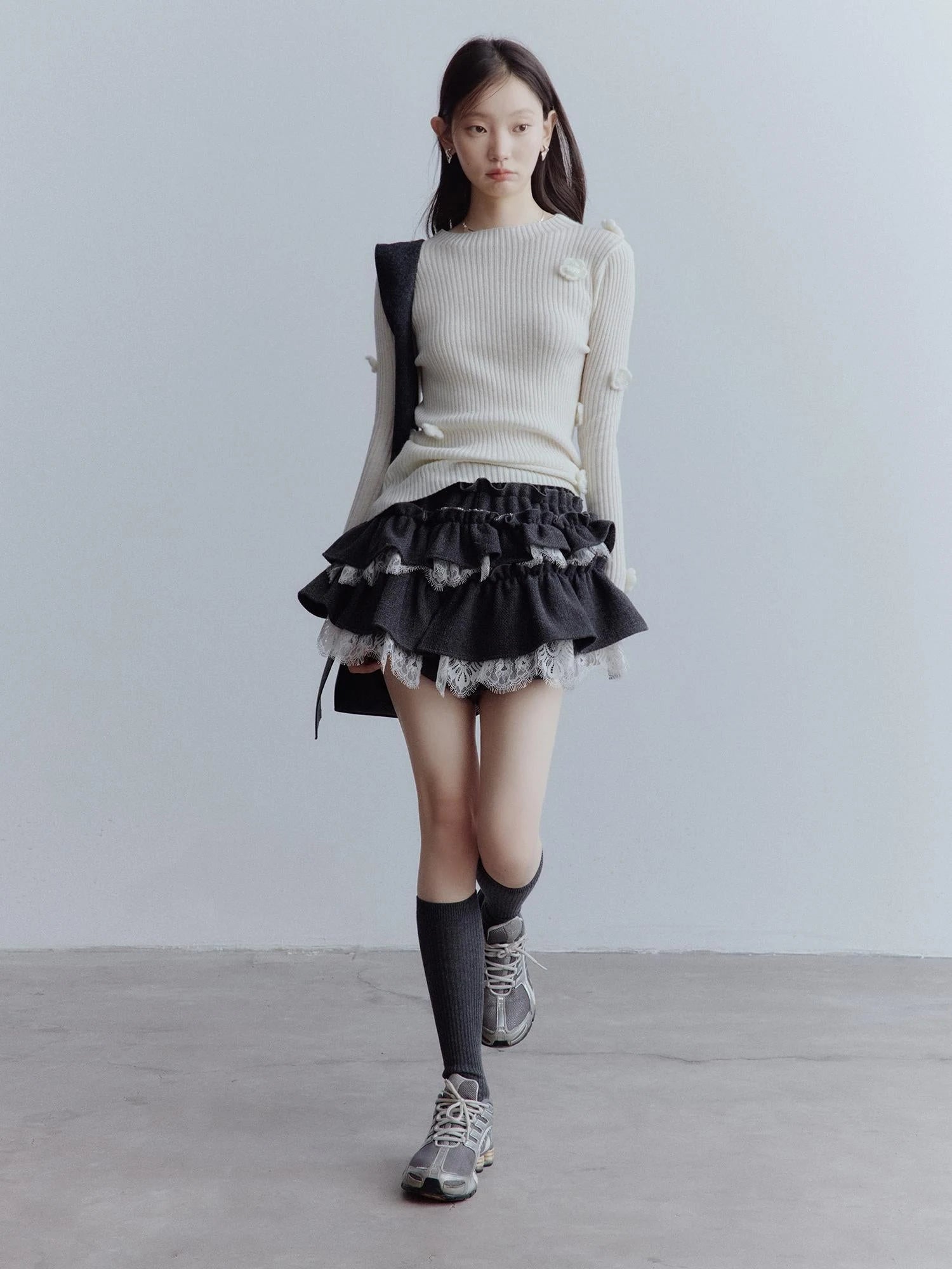 Hand Knitted Wool Floral Embellished Ribbed Sweater