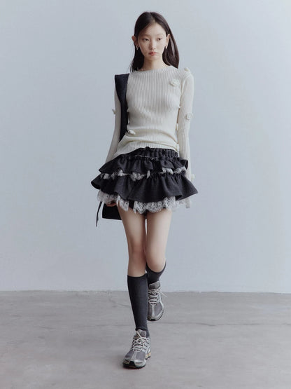 Hand Knitted Wool Floral Embellished Ribbed Sweater