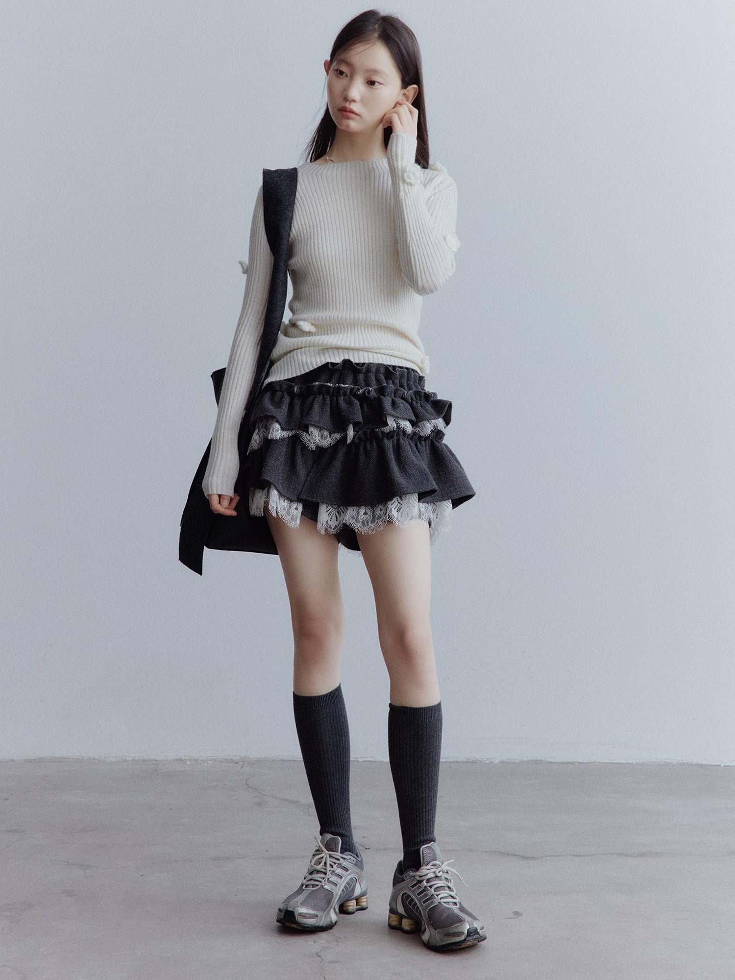 FUSSED Hand Knitted Wool Floral Embellished Ribbed Sweater