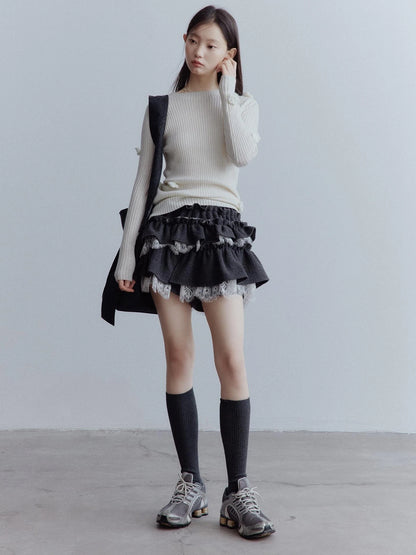 Hand Knitted Wool Floral Embellished Ribbed Sweater