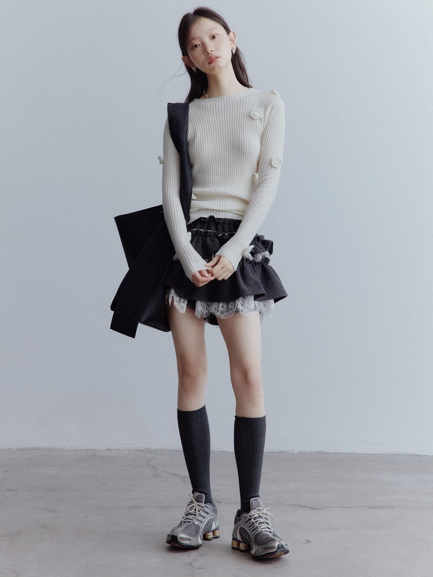 FUSSED Hand Knitted Wool Floral Embellished Ribbed Sweater