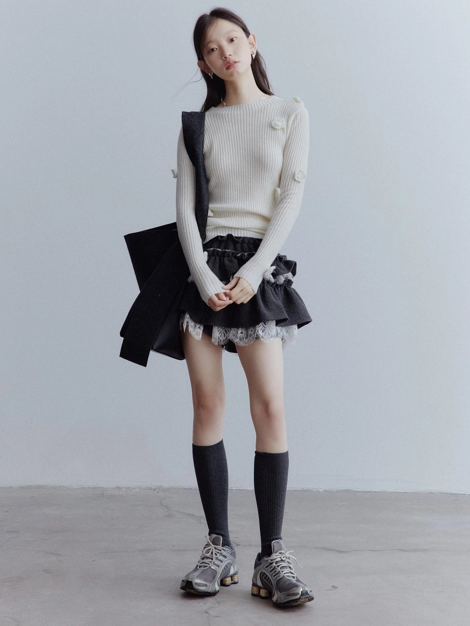 Hand Knitted Wool Floral Embellished Ribbed Sweater