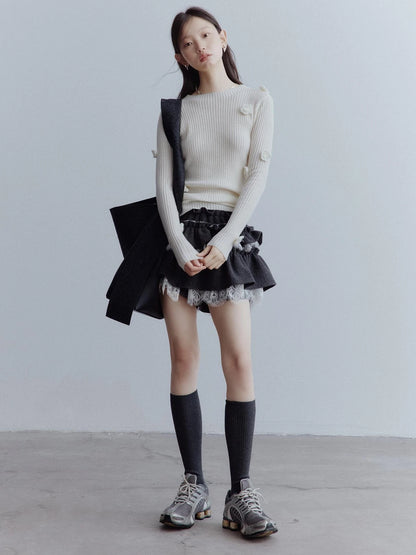 Hand Knitted Wool Floral Embellished Ribbed Sweater