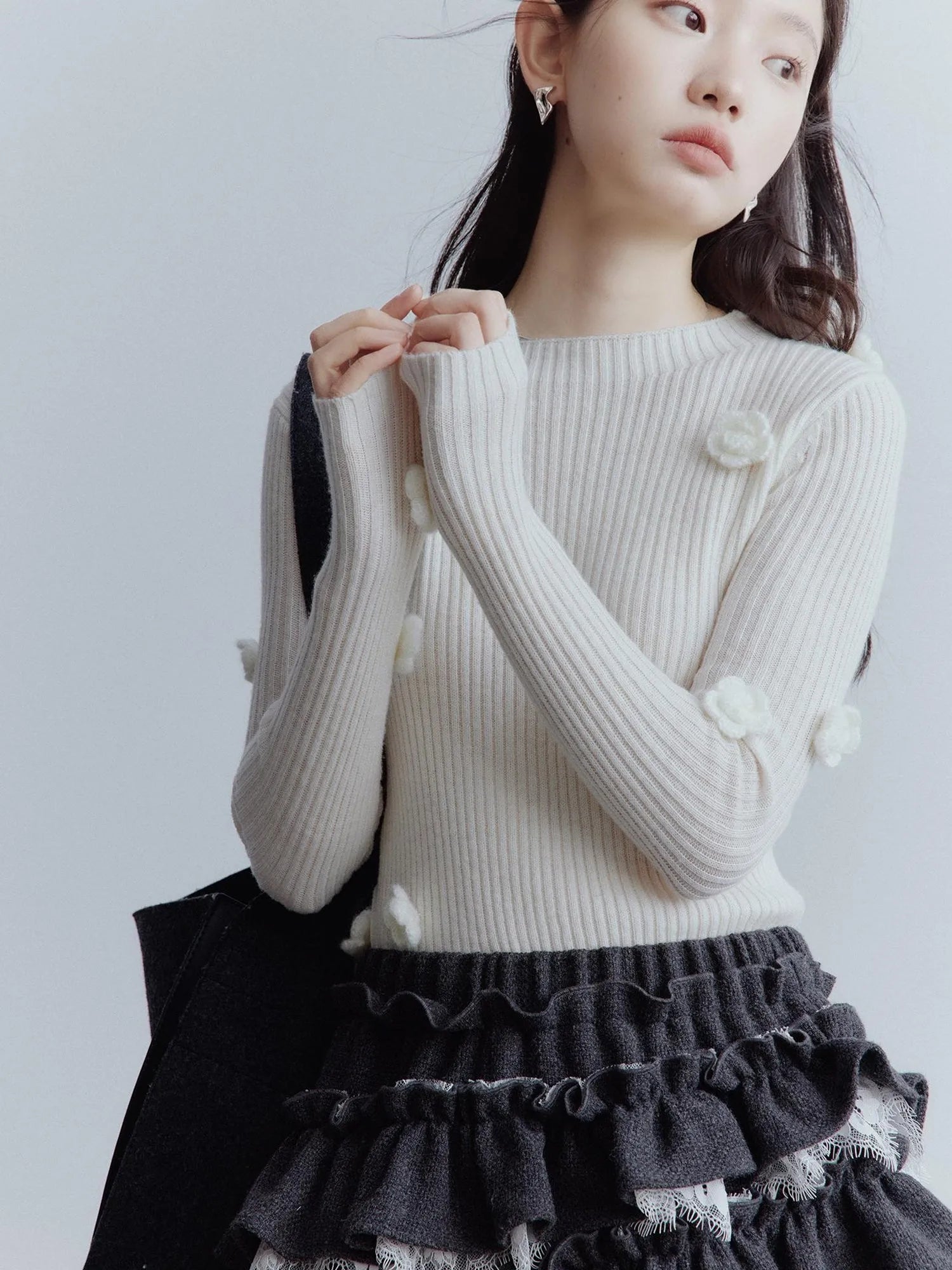 Hand Knitted Wool Floral Embellished Ribbed Sweater