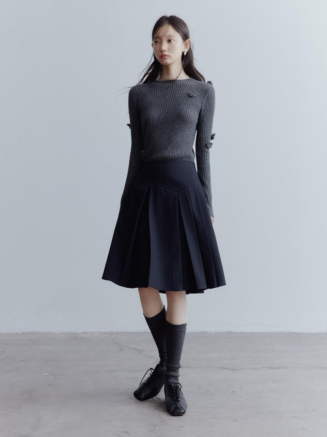 FUSSED Hand Pleated Preppy Asymmetric A Line Women Campus High Waist Gray Midi Skirt