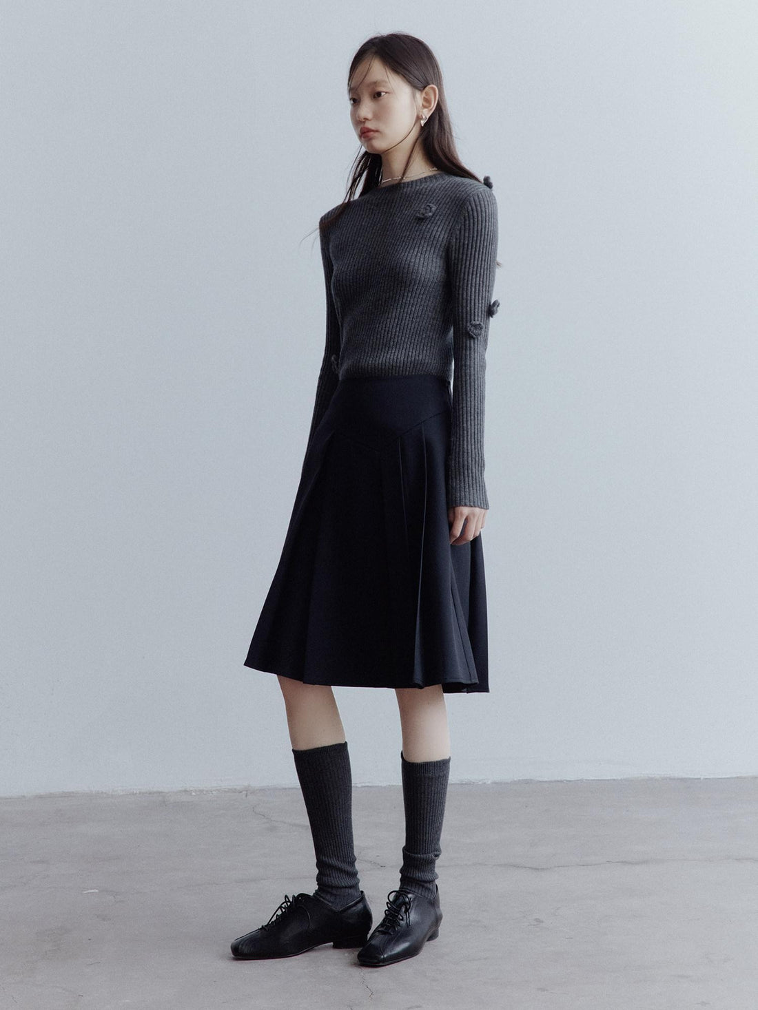 FUSSED Hand Pleated Preppy Asymmetric A Line Women Campus High Waist Gray Midi Skirt