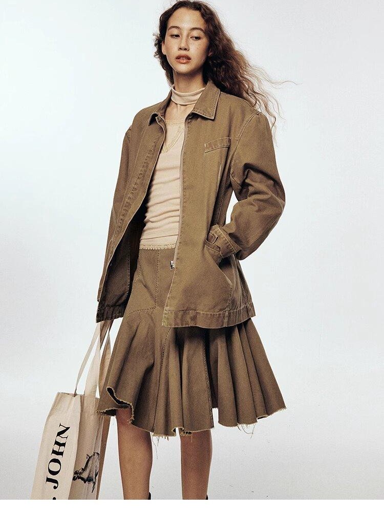 FUSSED Hazelnut Brown Enzyme Washed Notched Lapel Women&