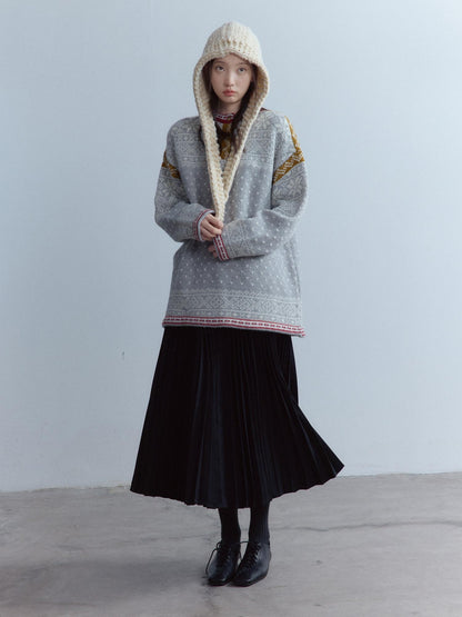 FUSSED Heart Jacquard Oversized Midlength Crewneck Button Front Girl Snow Gray Sweater