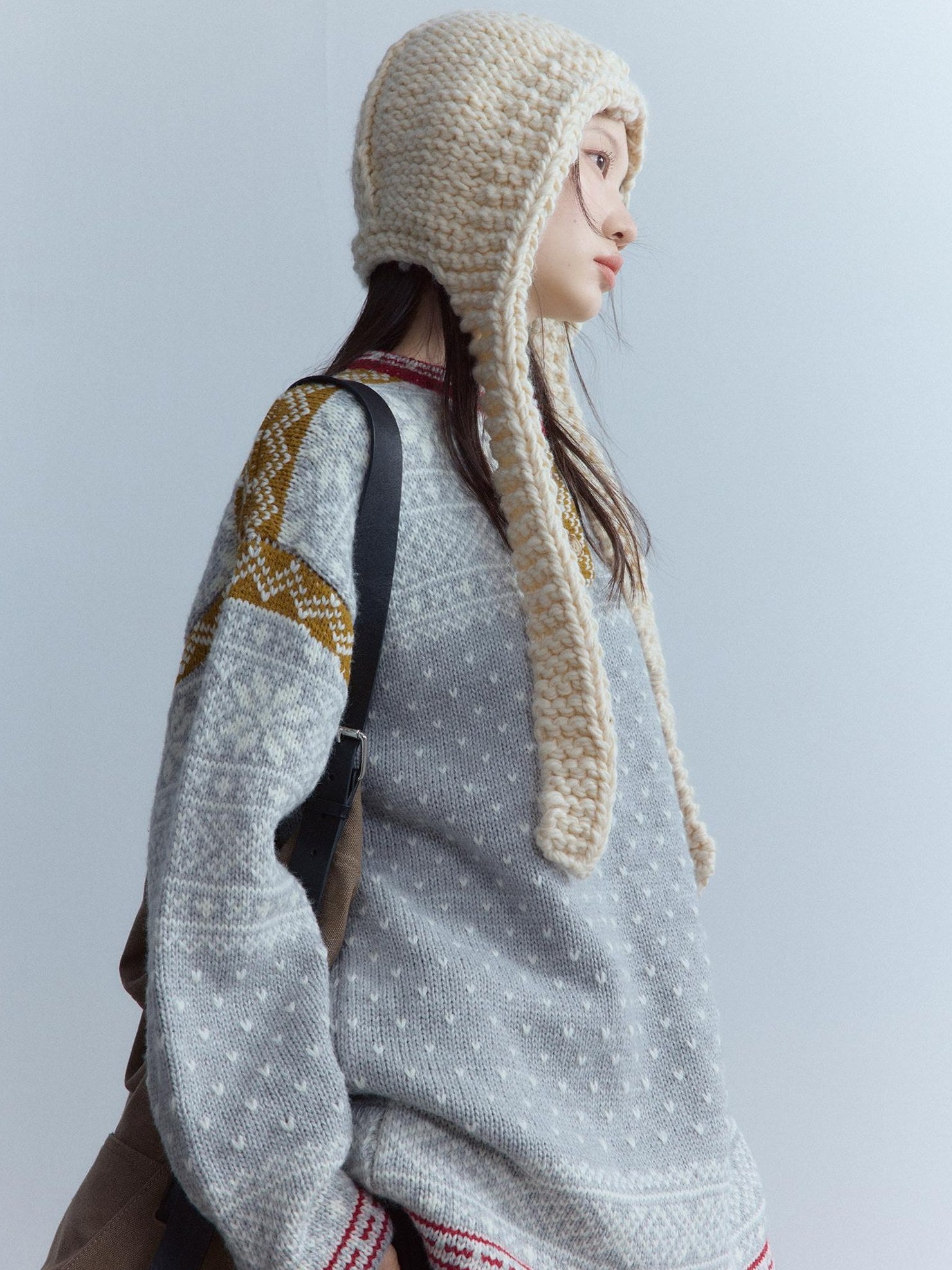 FUSSED Heart Jacquard Oversized Midlength Crewneck Button Front Girl Snow Gray Sweater