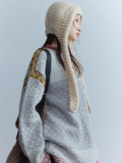 FUSSED Heart Jacquard Oversized Midlength Crewneck Button Front Girl Snow Gray Sweater