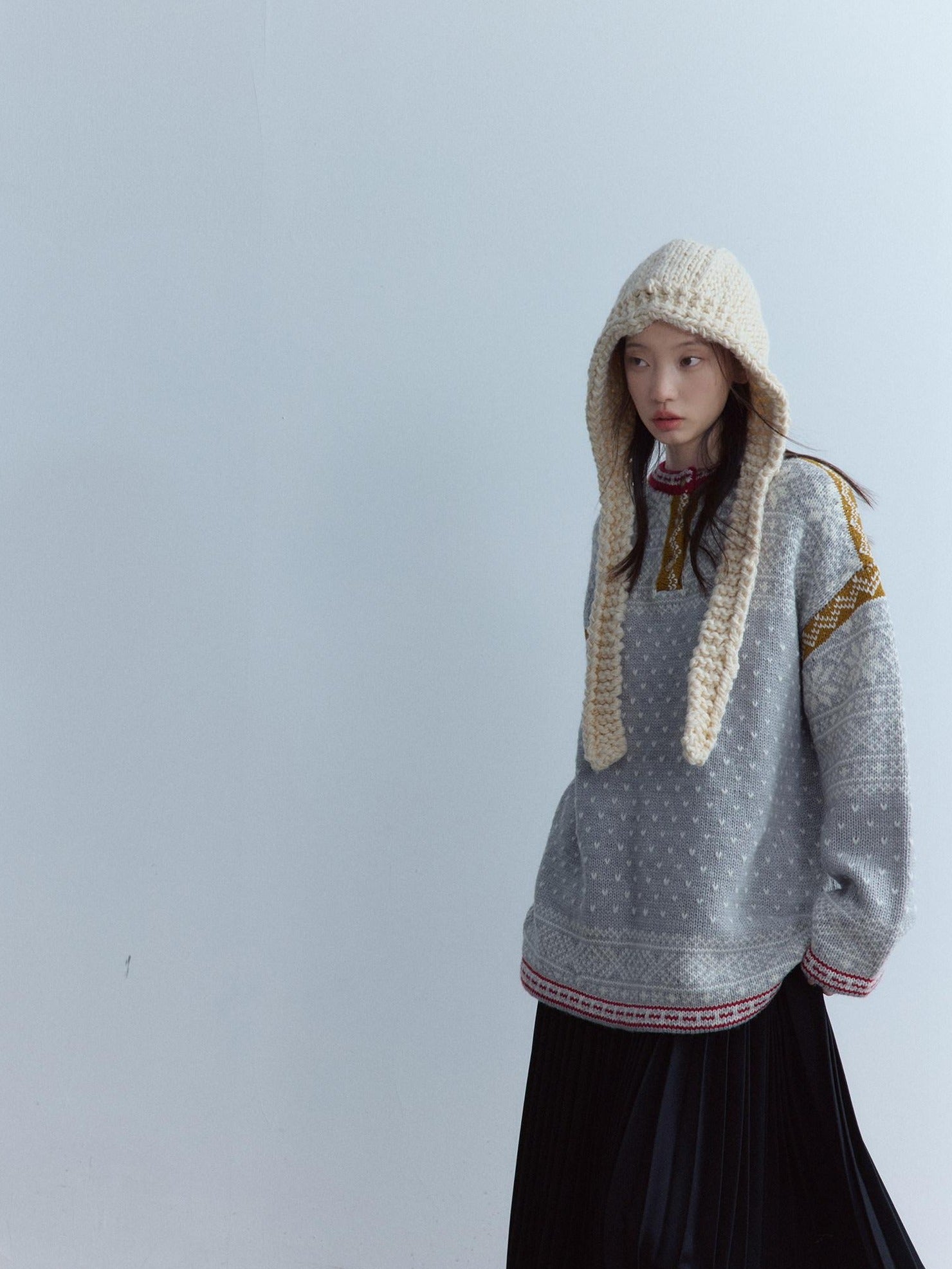 FUSSED Heart Jacquard Oversized Midlength Crewneck Button Front Girl Snow Gray Sweater