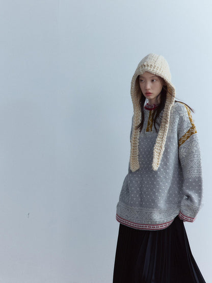 FUSSED Heart Jacquard Oversized Midlength Crewneck Button Front Girl Snow Gray Sweater