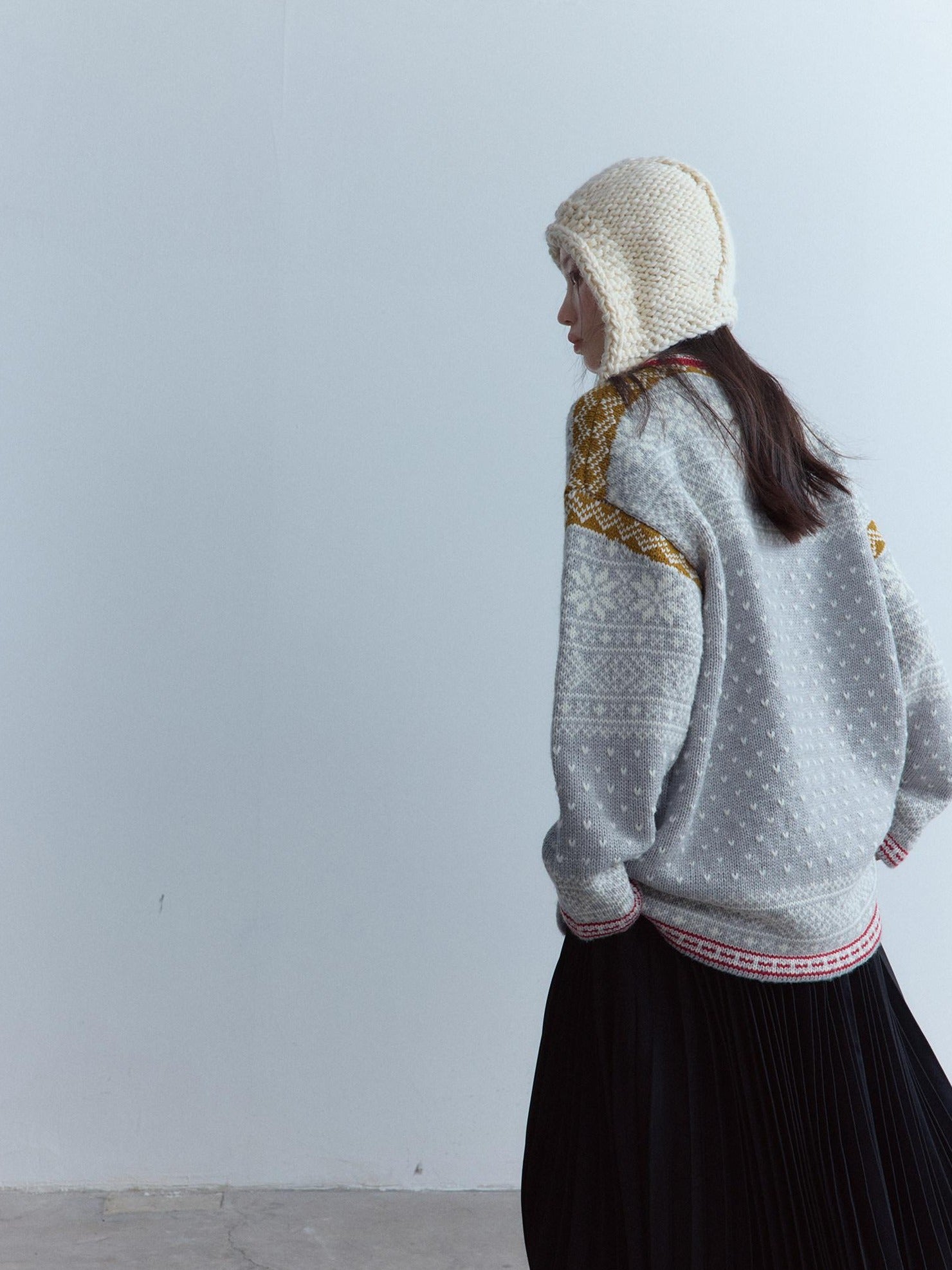 FUSSED Heart Jacquard Oversized Midlength Crewneck Button Front Girl Snow Gray Sweater