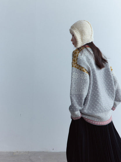 FUSSED Heart Jacquard Oversized Midlength Crewneck Button Front Girl Snow Gray Sweater