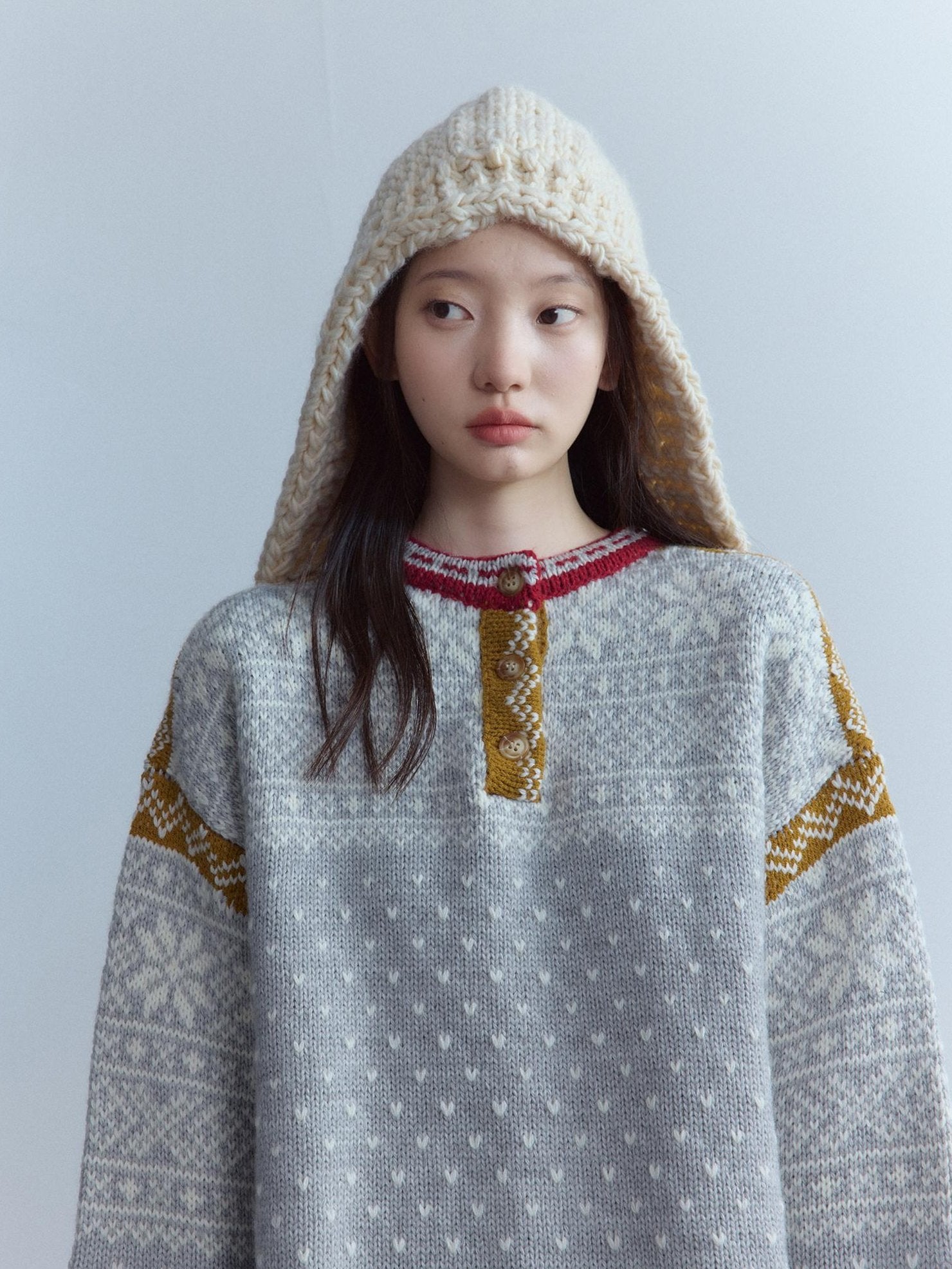 FUSSED Heart Jacquard Oversized Midlength Crewneck Button Front Girl Snow Gray Sweater