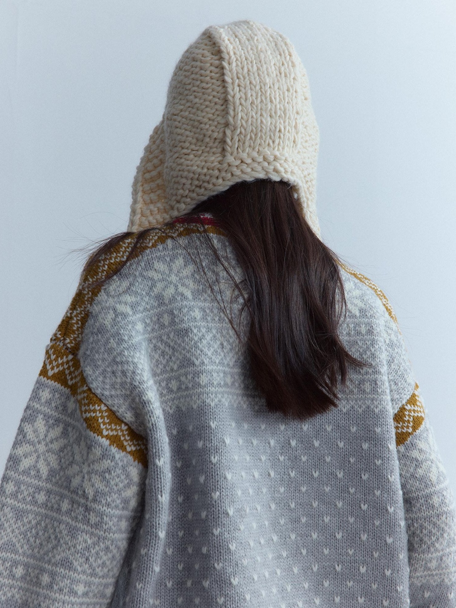 FUSSED Heart Jacquard Oversized Midlength Crewneck Button Front Girl Snow Gray Sweater