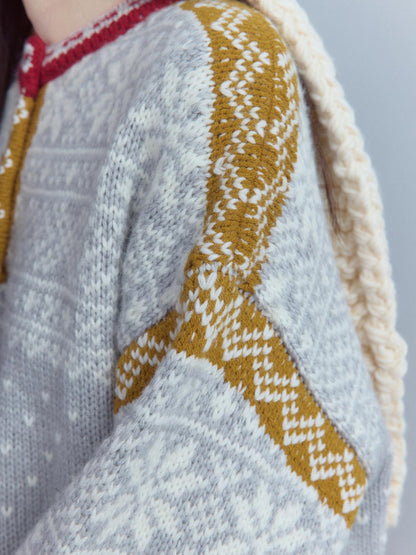 FUSSED Heart Jacquard Oversized Midlength Crewneck Button Front Girl Snow Gray Sweater