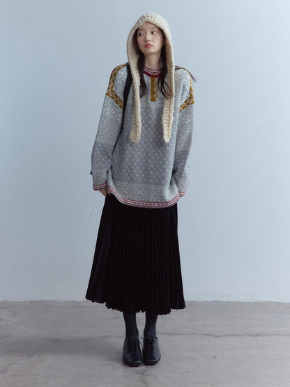 FUSSED Heart Jacquard Oversized Midlength Crewneck Button Front Girl Snow Gray Sweater