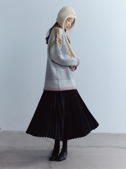FUSSED Heart Jacquard Oversized Midlength Crewneck Button Front Girl Snow Gray Sweater