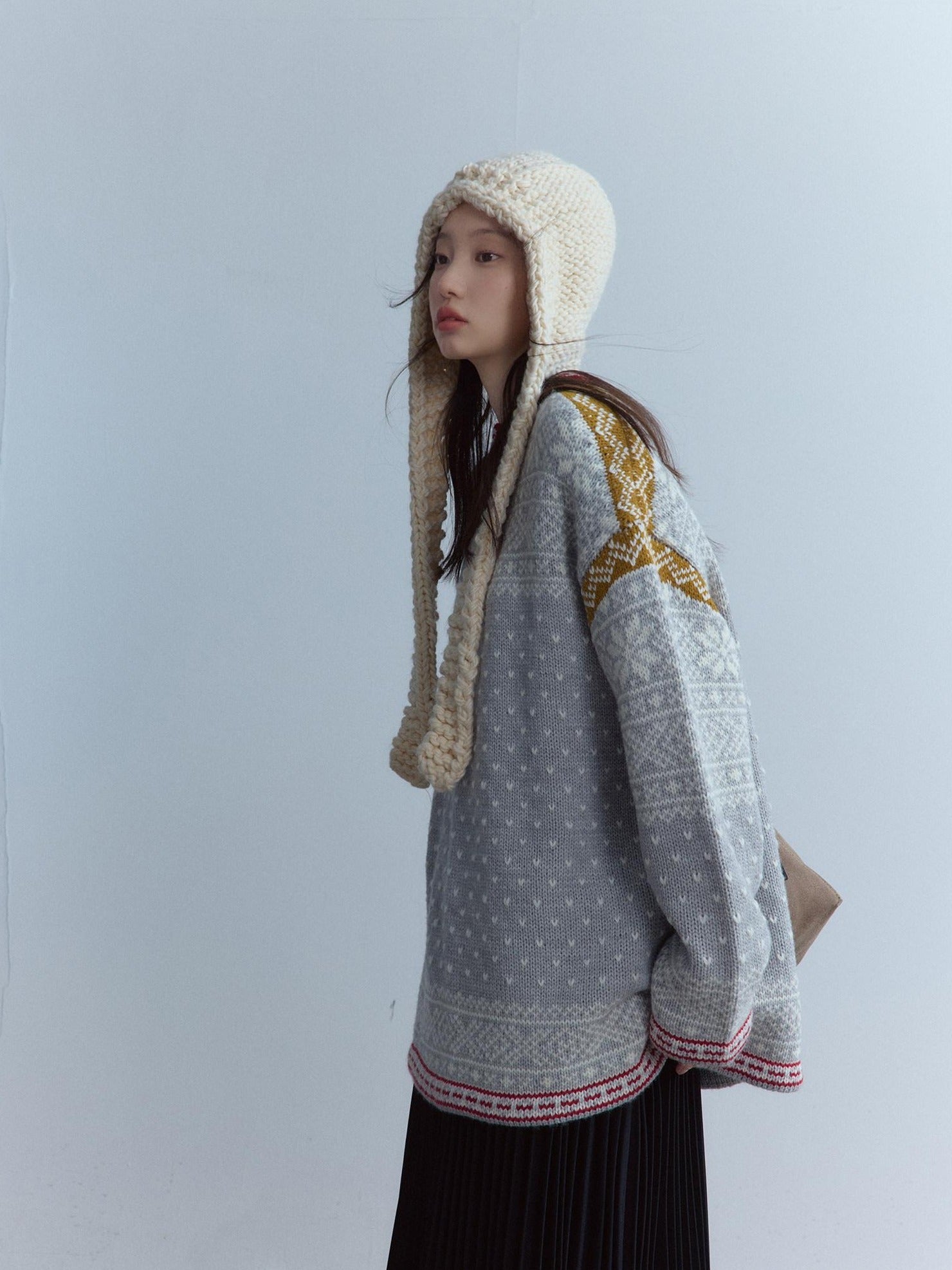 FUSSED Heart Jacquard Oversized Midlength Crewneck Button Front Girl Snow Gray Sweater