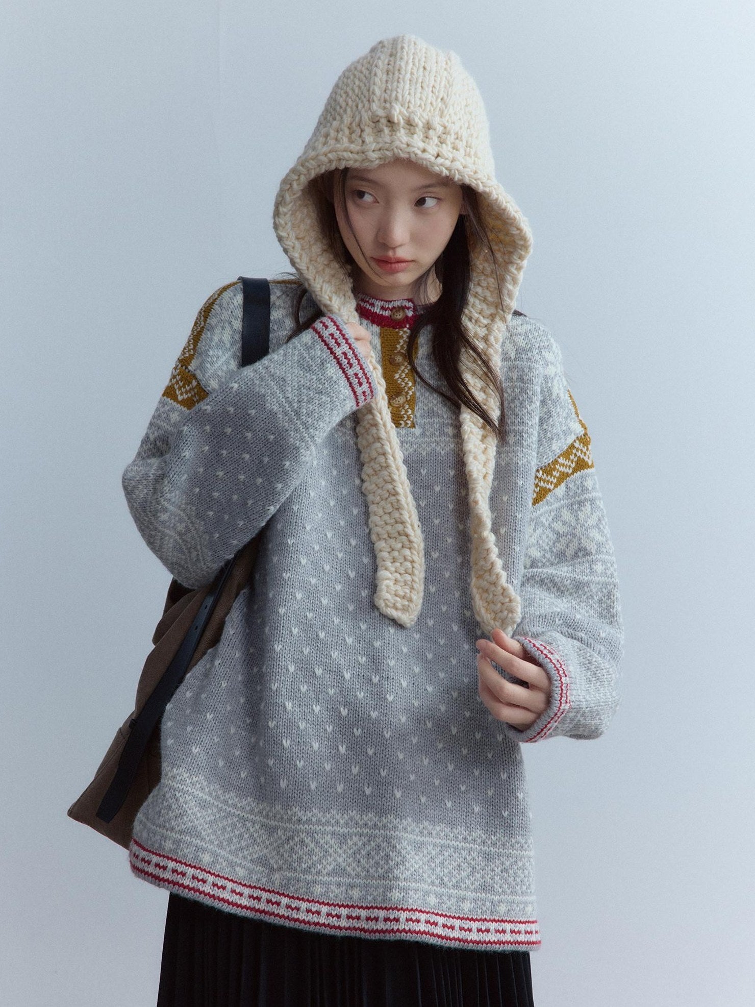 FUSSED Heart Jacquard Oversized Midlength Crewneck Button Front Girl Snow Gray Sweater