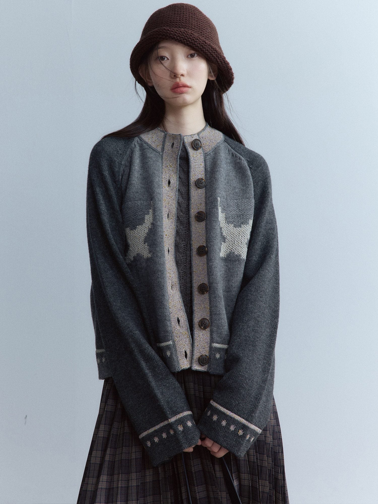 FUSSED Heather Gray Floral Bird Heavy Jacquard Cropped Raglan Women&