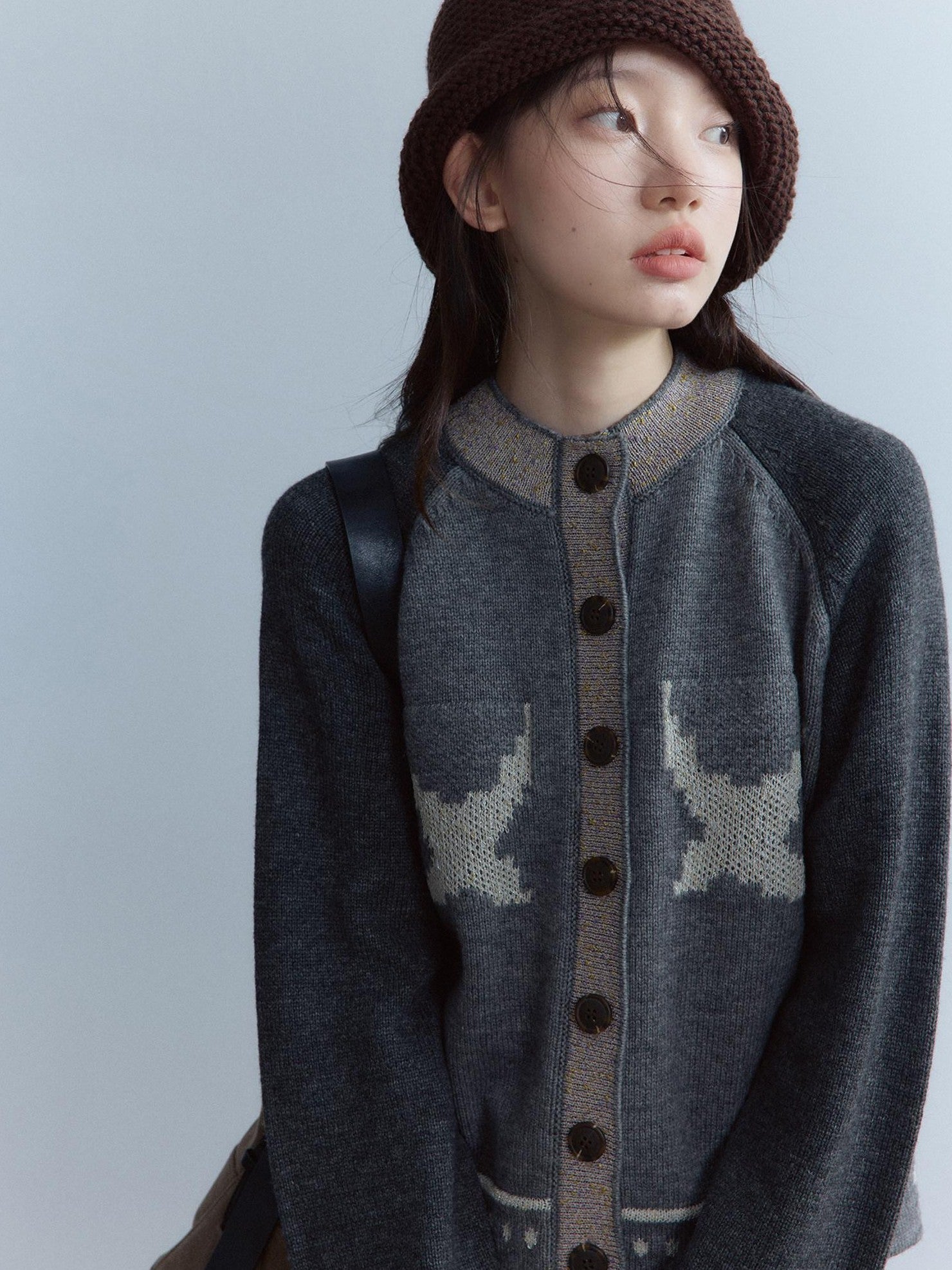 FUSSED Heather Gray Floral Bird Heavy Jacquard Cropped Raglan Women&