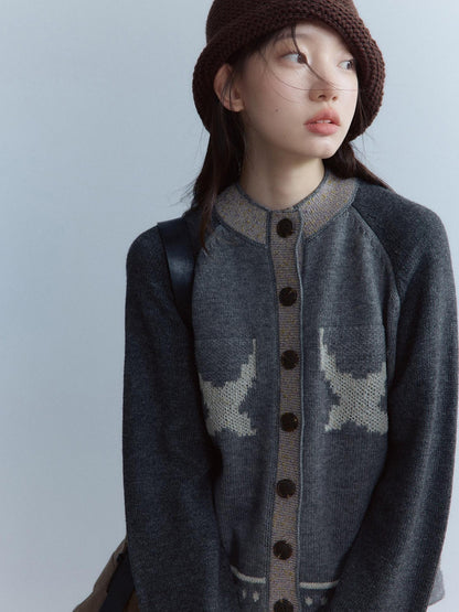 FUSSED Heather Gray Floral Bird Heavy Jacquard Cropped Raglan Women&