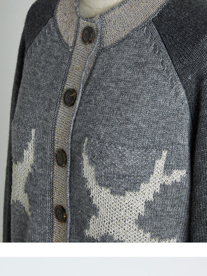 FUSSED Heather Gray Floral Bird Heavy Jacquard Cropped Raglan Women&