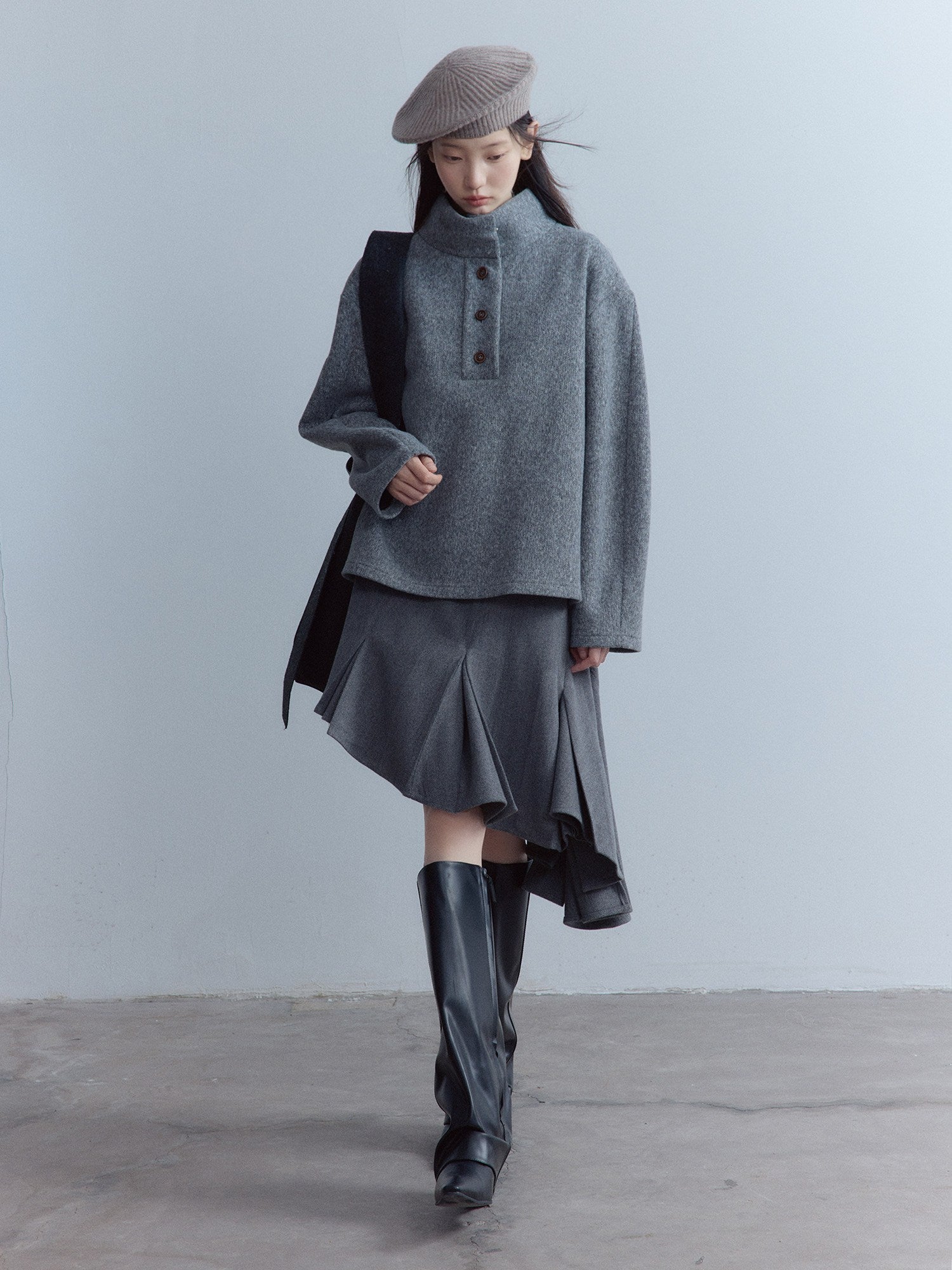 FUSSED_Heavy_Knit_Stand_Collar_Sweatshirt_Two_Piece_Casual_Women_Solid_Long_Pants_Suit_MISSTT