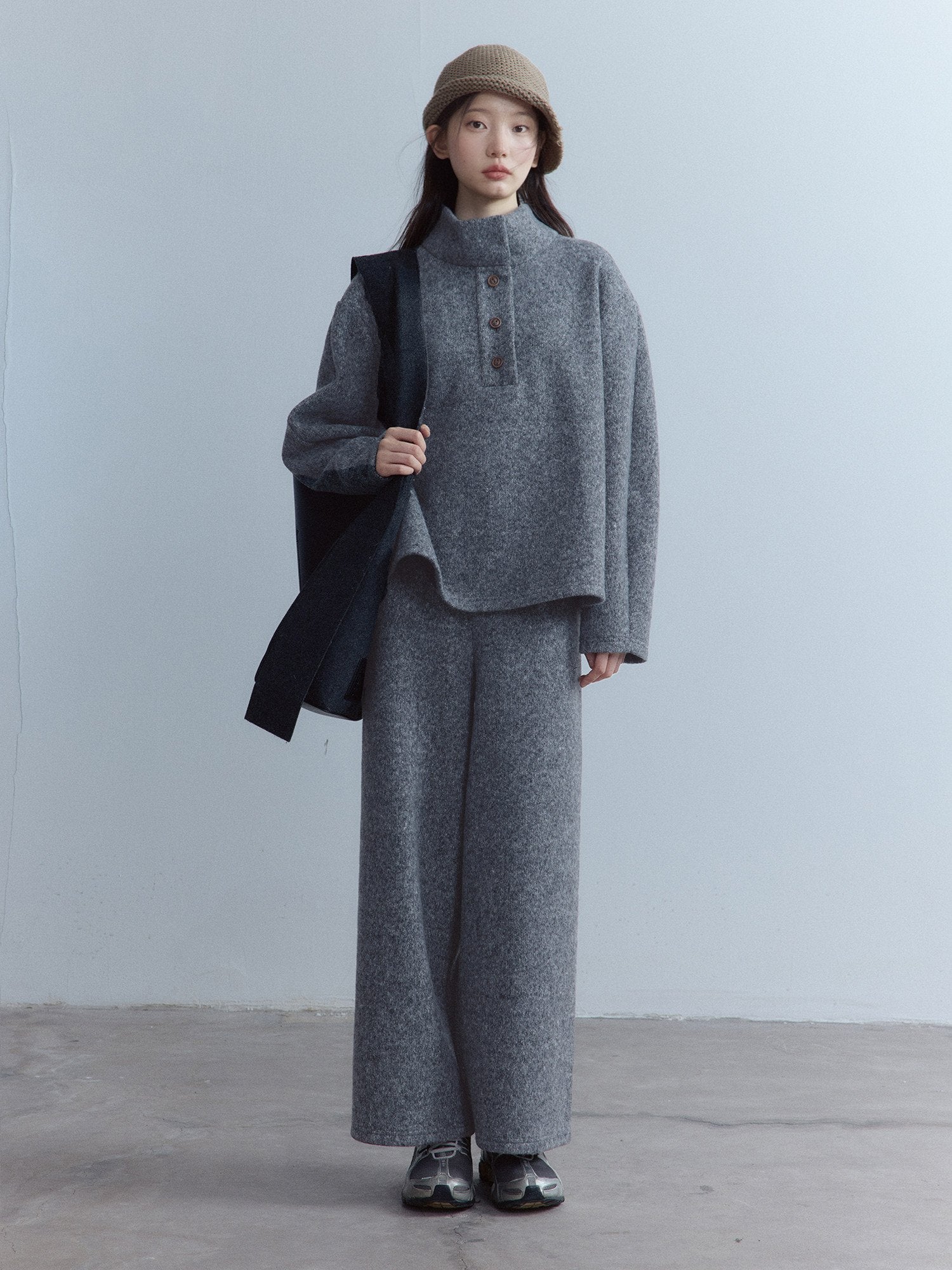 FUSSED_Heavy_Knit_Stand_Collar_Sweatshirt_Two_Piece_Casual_Women_Solid_Long_Pants_Suit_MISSTT