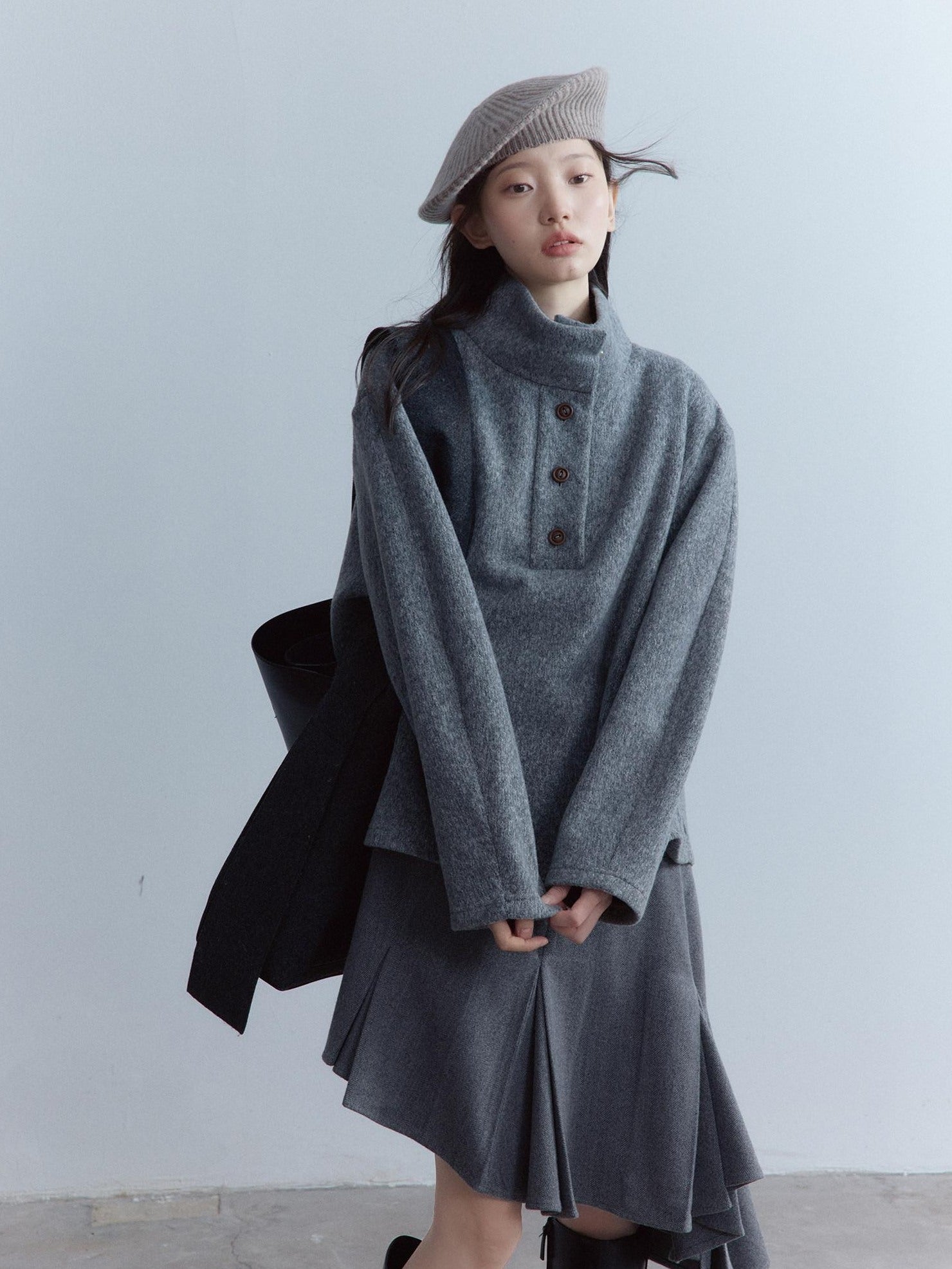 FUSSED Heavy Knit Stand Collar Sweatshirt Two Piece Casual Women Solid Long Pants Suit