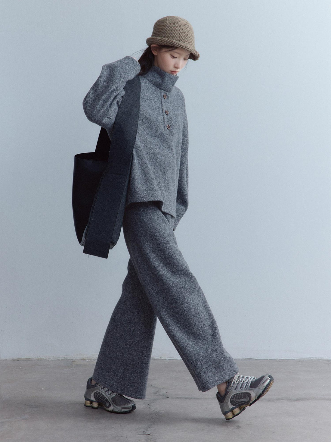 FUSSED Heavy Knit Stand Collar Sweatshirt Two Piece Casual Women Solid Long Pants Suit