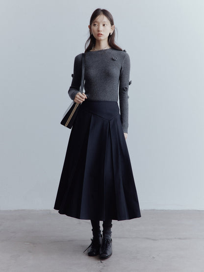 FUSSED_High_Waist_Asymmetric_Hand_Pleated_A_Line_Preppy_Campus_Gray_Maxi_Skirt_MISSTT
