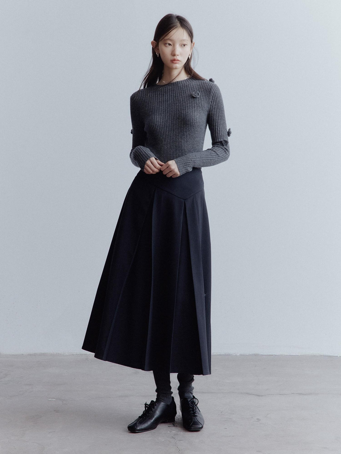 FUSSED High Waist Asymmetric Hand Pleated A Line Preppy Campus Gray Maxi Skirt