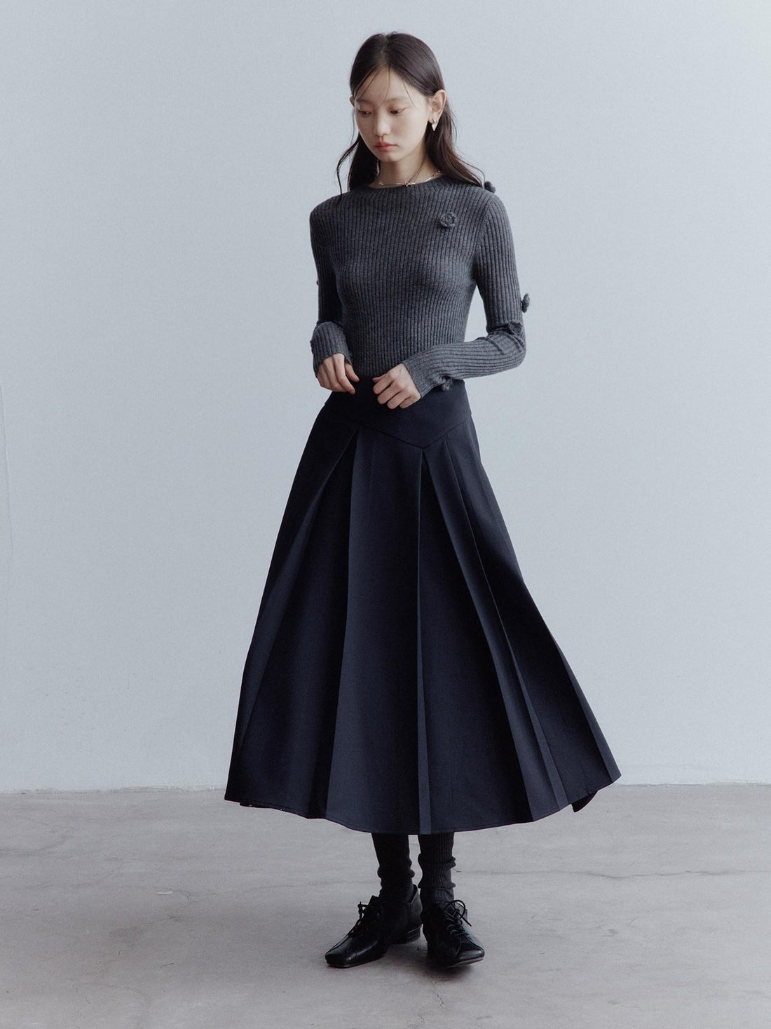 FUSSED High Waist Asymmetric Hand Pleated A Line Preppy Campus Gray Maxi Skirt
