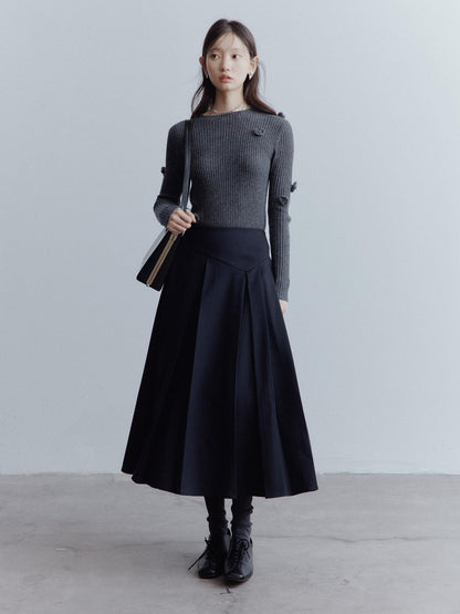 FUSSED High Waist Asymmetric Hand Pleated A Line Preppy Campus Gray Maxi Skirt