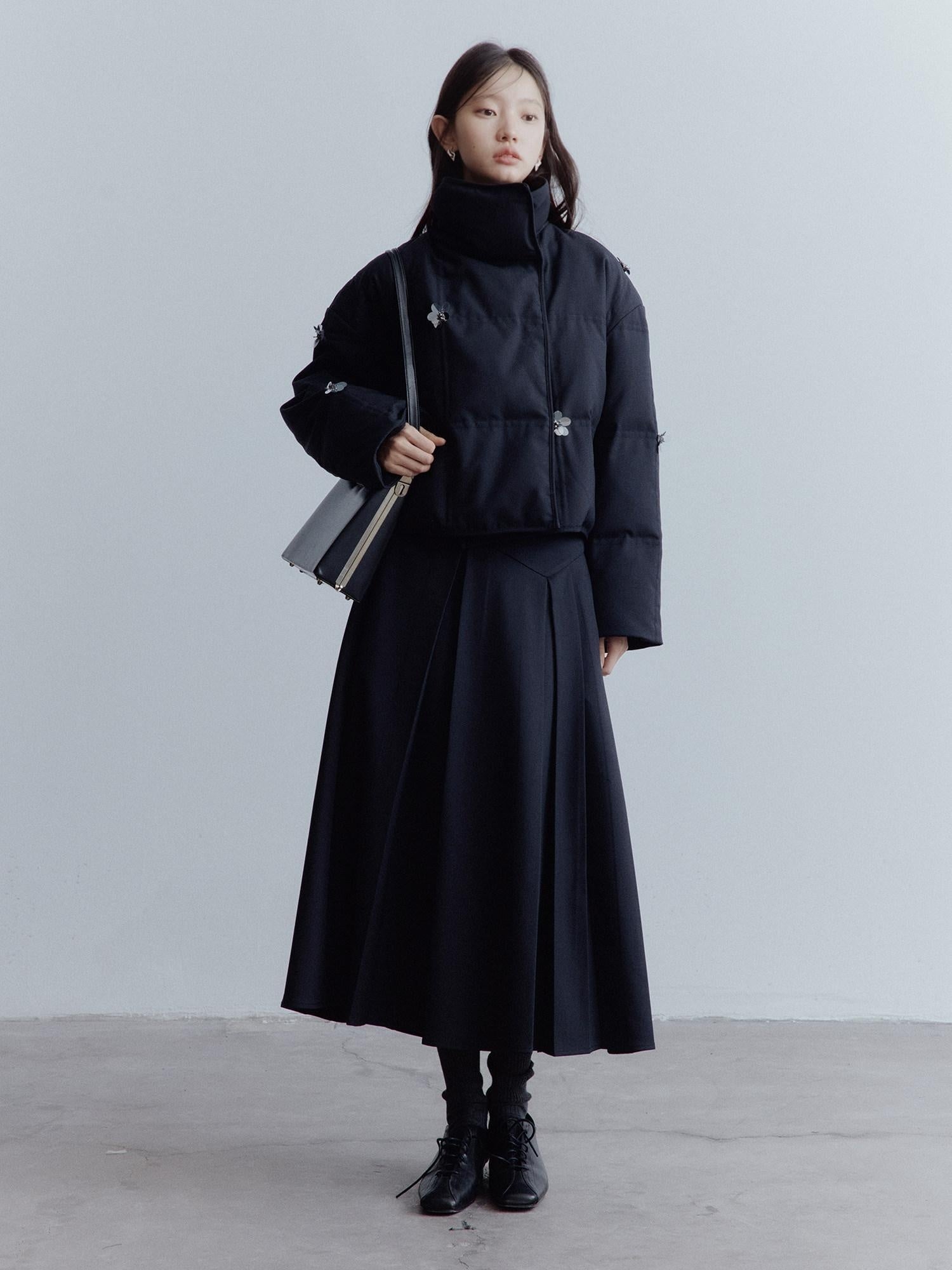 FUSSED High Waist Asymmetric Hand Pleated A Line Preppy Campus Gray Maxi Skirt