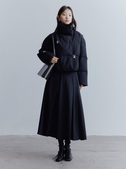 FUSSED High Waist Asymmetric Hand Pleated A Line Preppy Campus Gray Maxi Skirt
