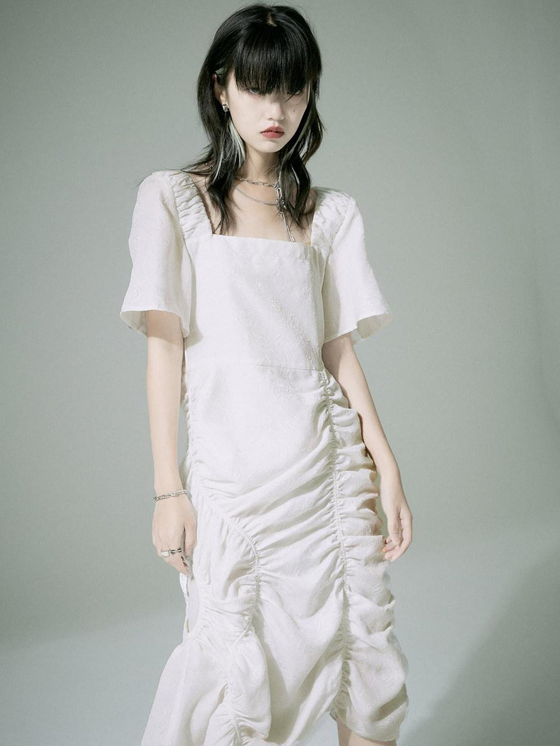 FUSSED High Waist Asymmetric Hem Street Square Neck Short Sleeve White Maxi Dresses