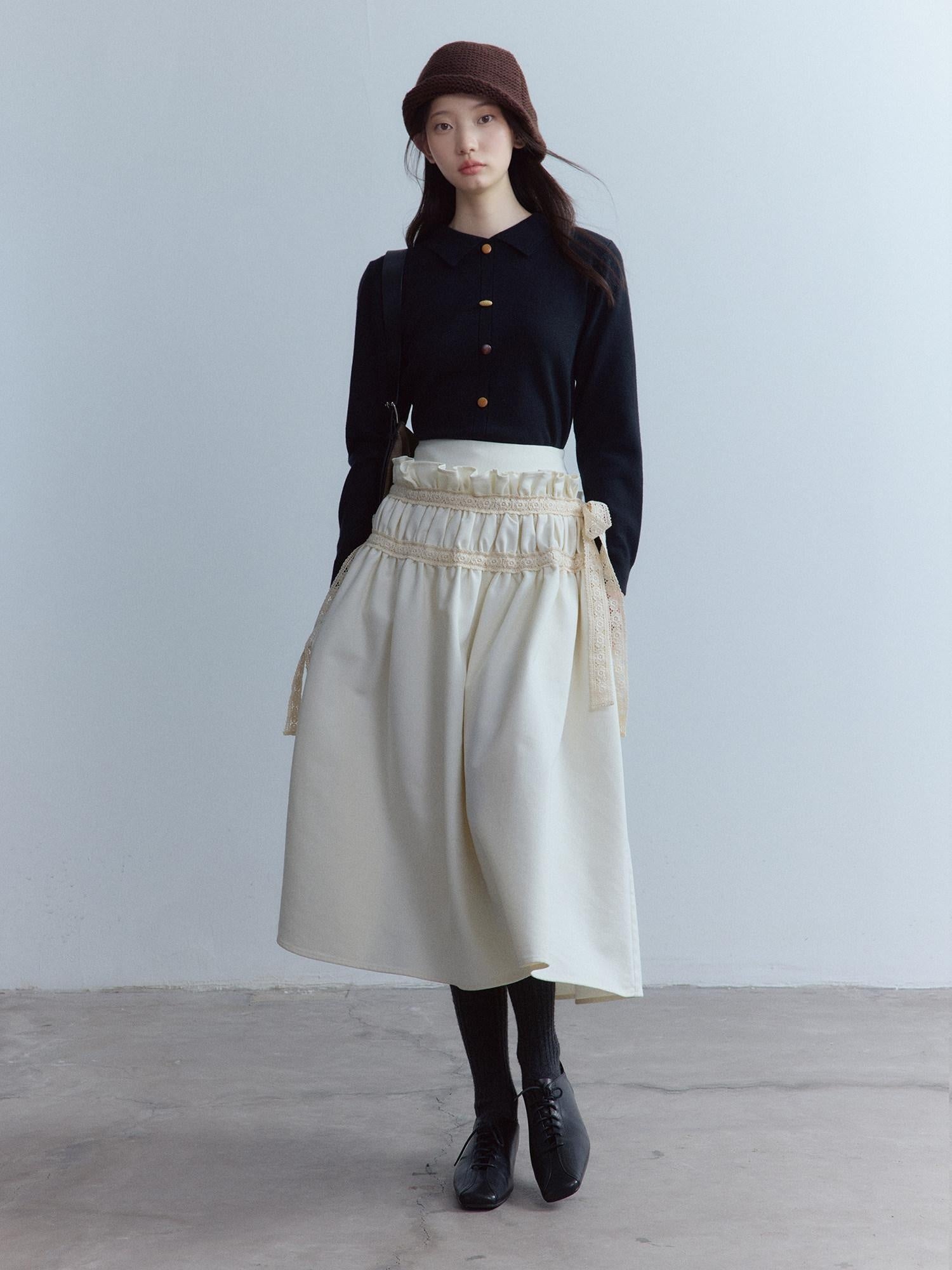 FUSSED High Waist Lace Panel Pleated A Line Casual Women Everyday Oatmeal Midi Skirt