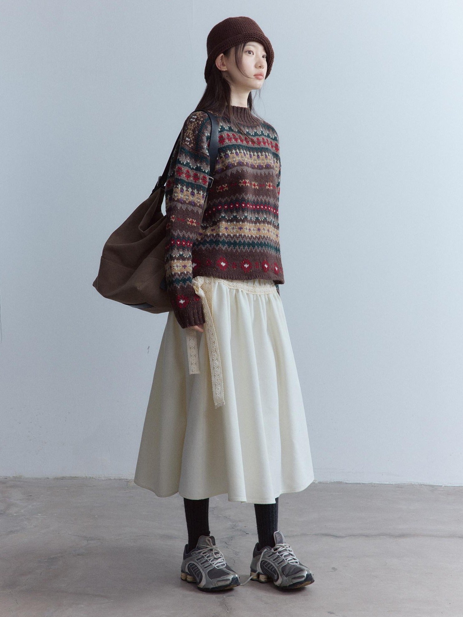 FUSSED High Waist Lace Panel Pleated A Line Casual Women Everyday Oatmeal Midi Skirt