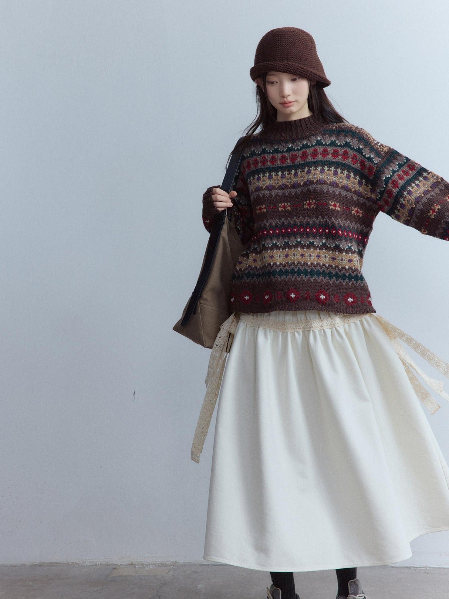 FUSSED High Waist Lace Panel Pleated A Line Casual Women Everyday Oatmeal Midi Skirt