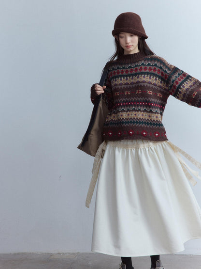 FUSSED High Waist Lace Panel Pleated A Line Casual Women Everyday Oatmeal Midi Skirt