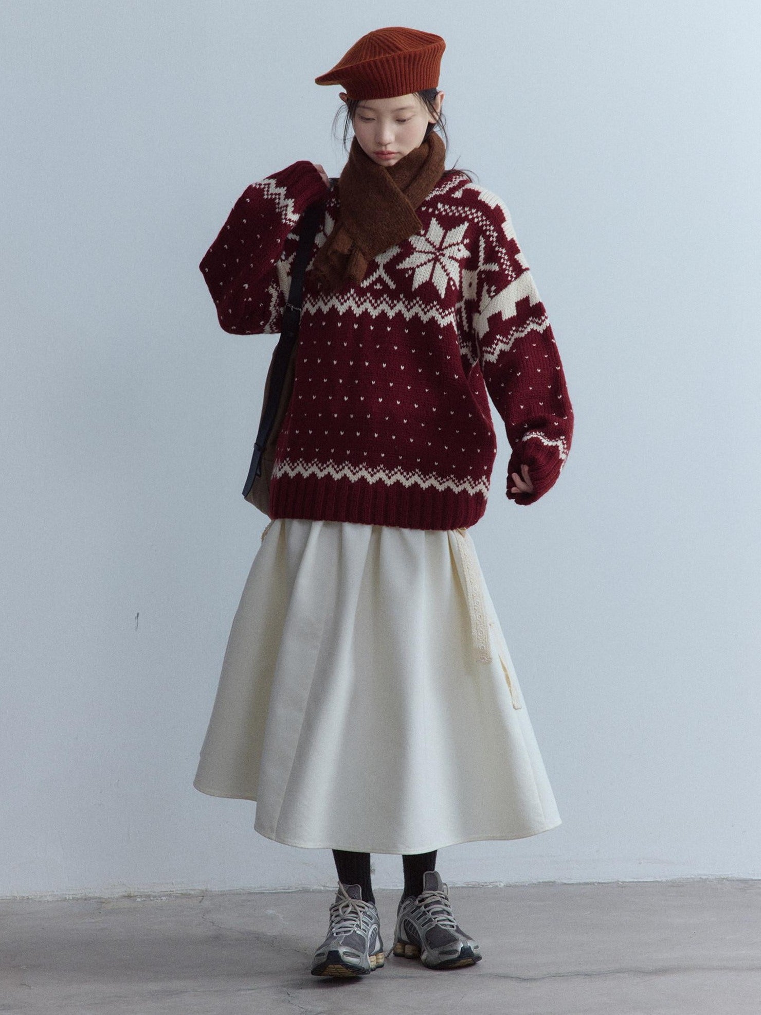 FUSSED High Waist Lace Panel Pleated A Line Casual Women Everyday Oatmeal Midi Skirt