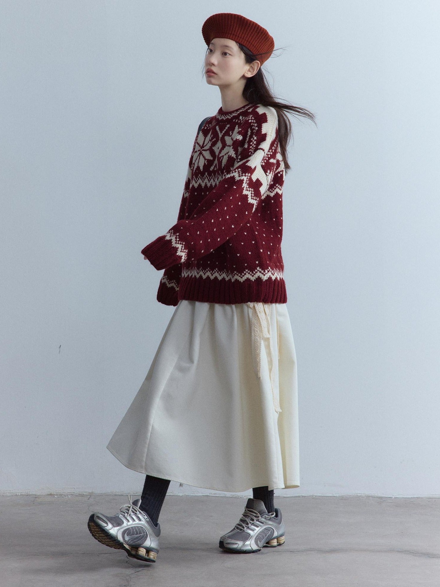 FUSSED High Waist Lace Panel Pleated A Line Casual Women Everyday Oatmeal Midi Skirt