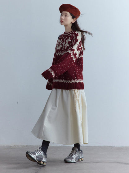 FUSSED High Waist Lace Panel Pleated A Line Casual Women Everyday Oatmeal Midi Skirt