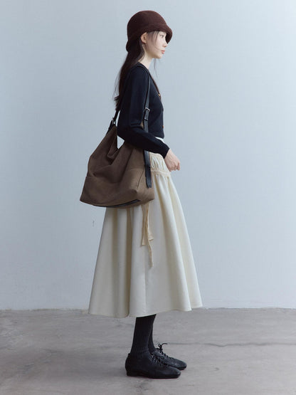 FUSSED High Waist Lace Panel Pleated A Line Casual Women Everyday Oatmeal Midi Skirt